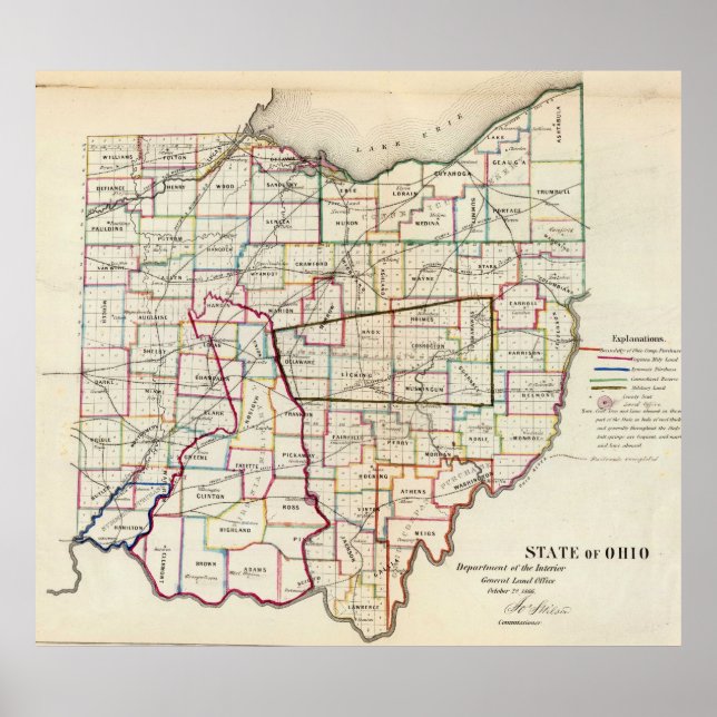 Póster Mapa de época de Ohio (1866) (Frente)
