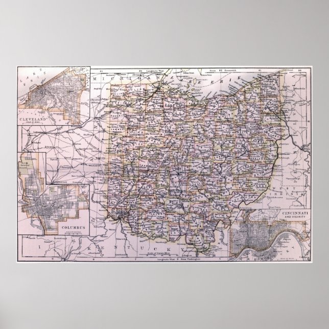Póster Mapa de época de Ohio (1884) (Frente)