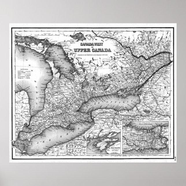Póster Mapa de época de Ontario (1857) BW (Frente)