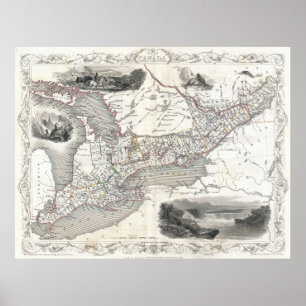 Póster Mapa de época de Ontario Canadá (1850)