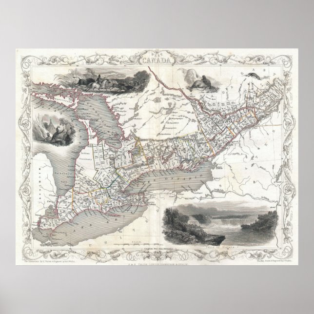 Póster Mapa de época de Ontario Canadá (1850) (Frente)