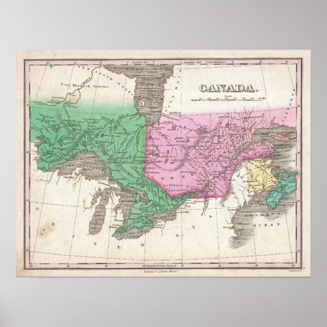 Póster Mapa de época de Ontario y Quebec (1827) (Frente)