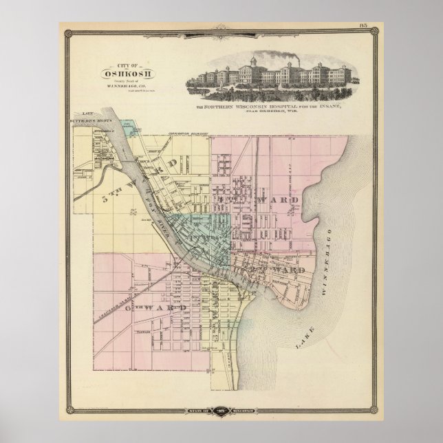 Póster Mapa de época de Oshkosh WI (1878) (Frente)