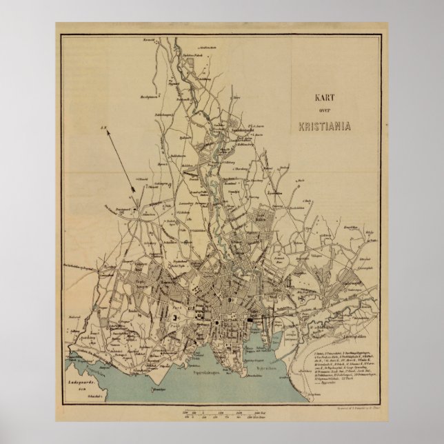 Póster Mapa de época de Oslo Noruega (1881) (Frente)