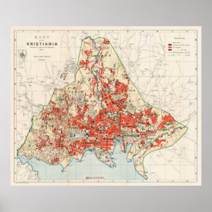 Póster Mapa de época de Oslo Noruega (1911)