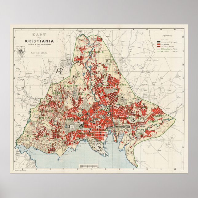Póster Mapa de época de Oslo Noruega (1911) (Frente)
