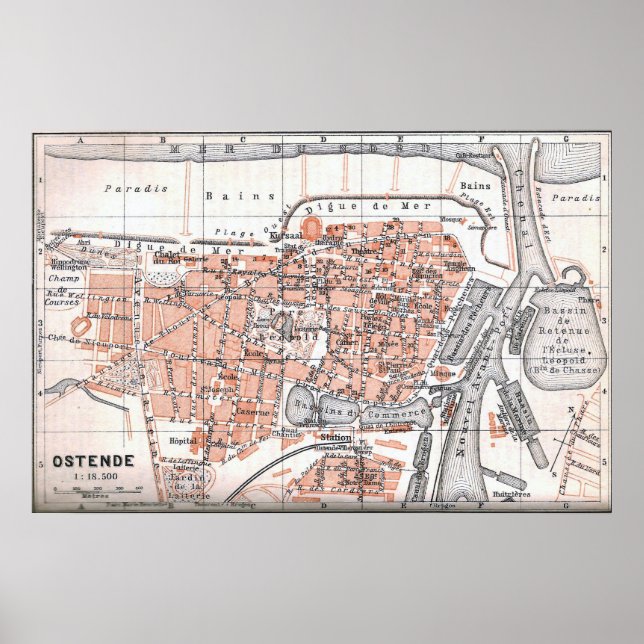Póster Mapa de época de Ostend Bélgica (1905) (Frente)