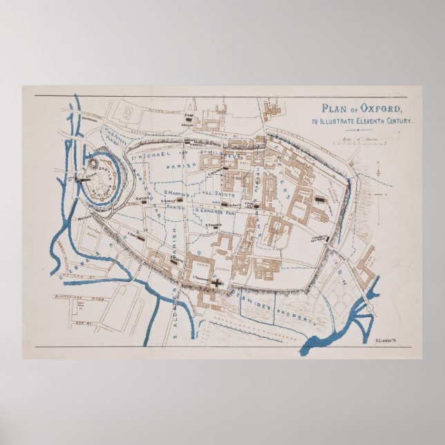 Póster Mapa de época de Oxford Inglaterra (1871) (Frente)