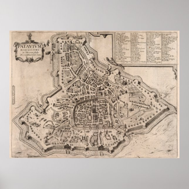 Póster Mapa de época de Padua Italia (1618) (Frente)