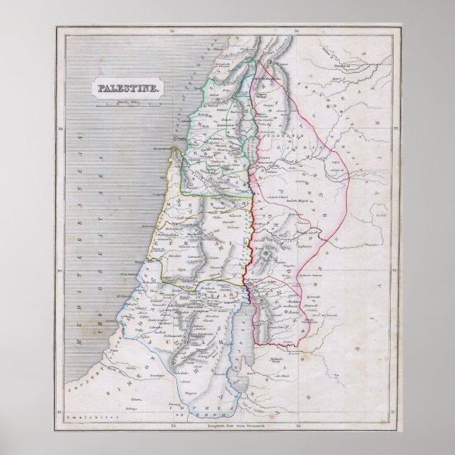 Póster Mapa de época de Palestina (1845) (Frente)