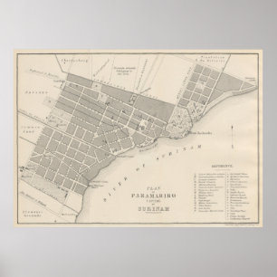 Póster Mapa de época de Paramaribo Surinam (1876)