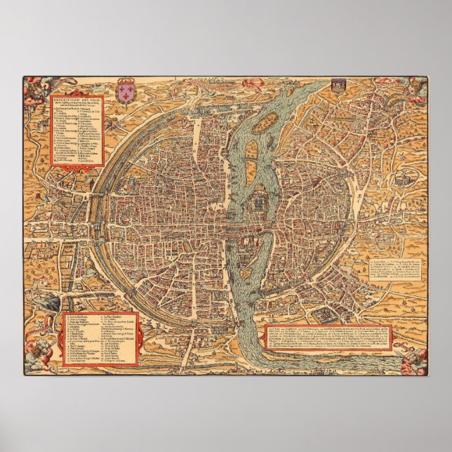 Póster Mapa de época de París (1575) (Frente)