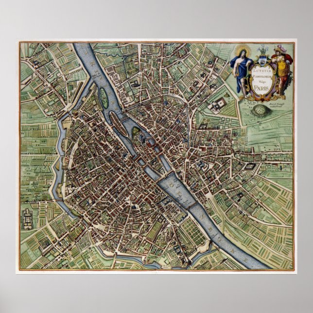 Póster Mapa de época de París (1657) (Frente)