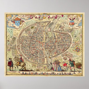 Póster Mapa de época de París Francia (1576)