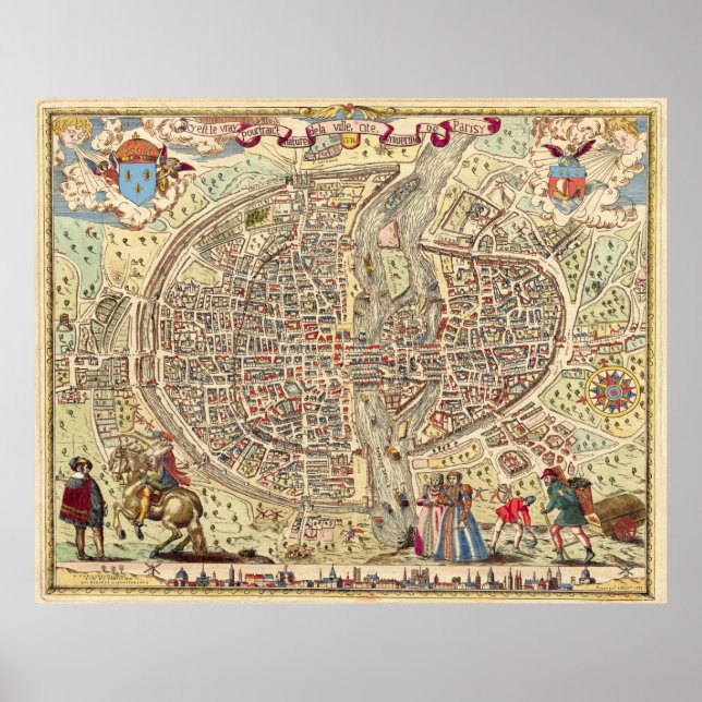Póster Mapa de época de París Francia (1576) (Frente)