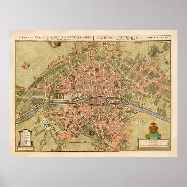 Póster Mapa de época de París Francia (1720) (Frente)
