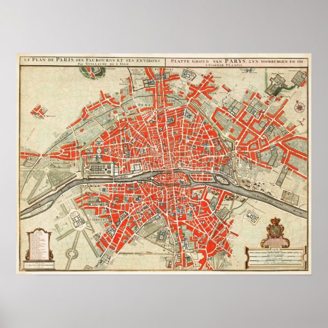Póster Mapa de época de París Francia (1721-1774) (Frente)