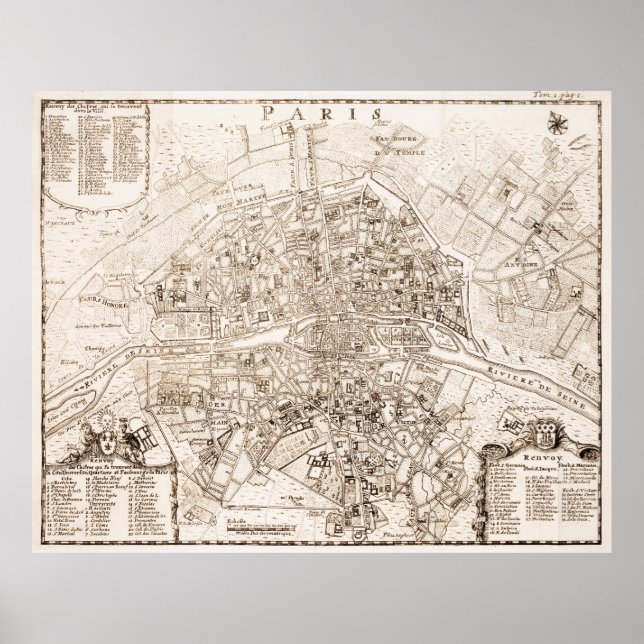 Póster Mapa de época de París Francia (1742) (Frente)
