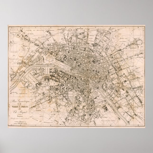 Póster Mapa de época de París Francia (1825) (Frente)