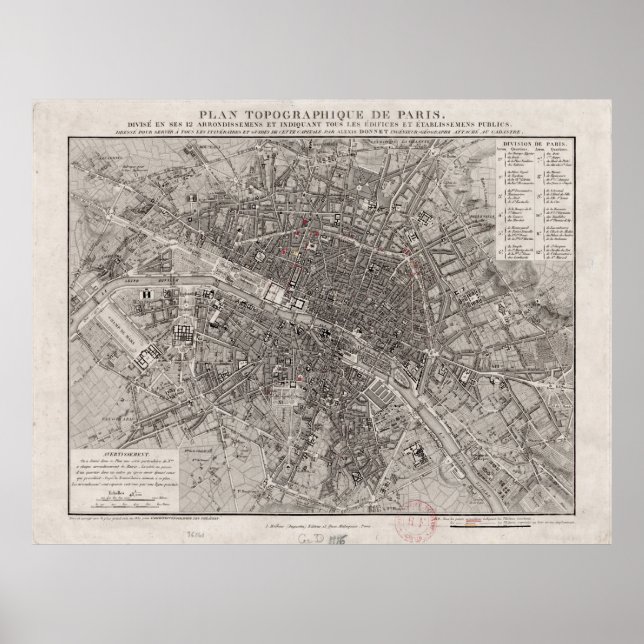 Póster Mapa de época de París Francia (1837) (Frente)