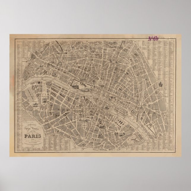 Póster Mapa de época de París Francia (1854) (Frente)