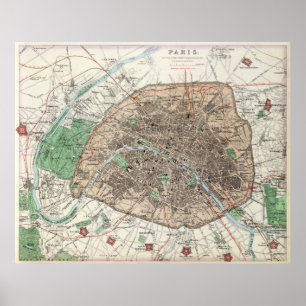 Póster Mapa de época de París Francia (1872)