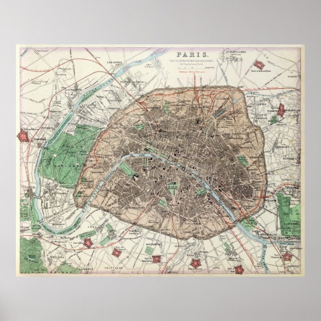 Póster Mapa de época de París Francia (1872) (Frente)