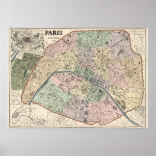 Póster Mapa de época de París Francia 1878