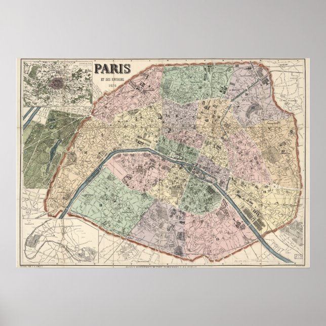 Póster Mapa de época de París Francia 1878 (Frente)