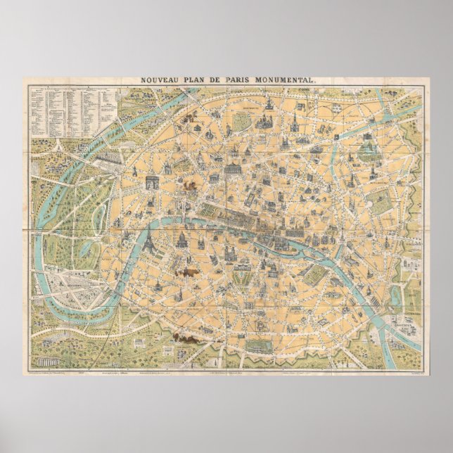 Póster Mapa de época de París Francia (1890) (Frente)