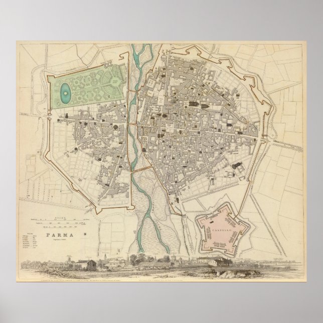 Póster Mapa de época de Parma Italia (1840) (Frente)