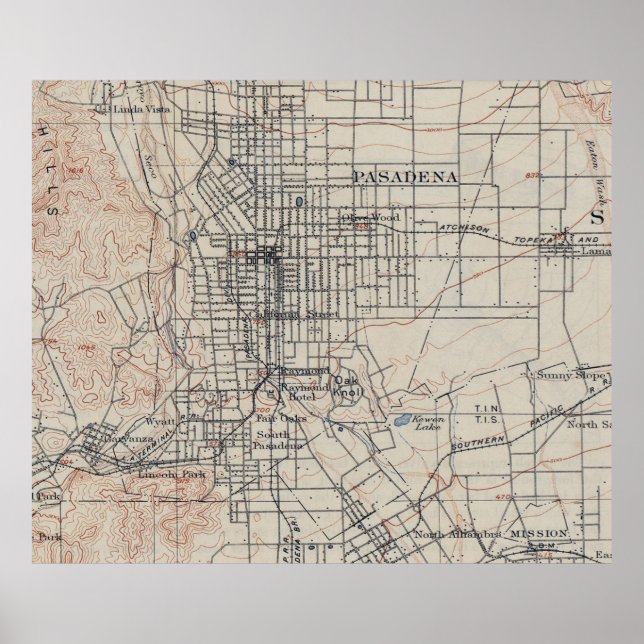 Póster Mapa de época de Pasadena California (1894) (Frente)