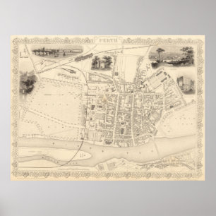 Póster Mapa de época de Perth Scotland (1851)