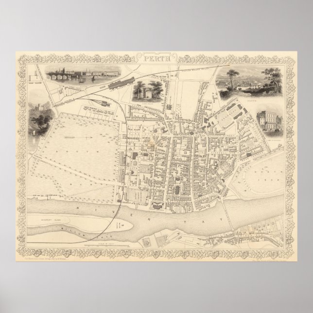 Póster Mapa de época de Perth Scotland (1851) (Frente)