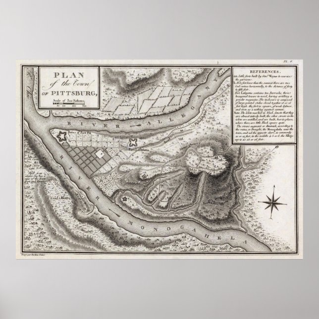 Póster Mapa de época de Pittsburgh PA (1796) (Frente)