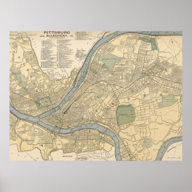Póster Mapa de época de Pittsburgh PA (1891) (Frente)