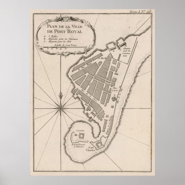 Póster Mapa de época de Port Royal Jamaica (1764) (Frente)