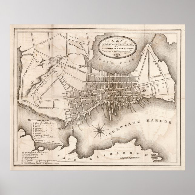 Póster Mapa de época de Portland ME (1846) (Frente)