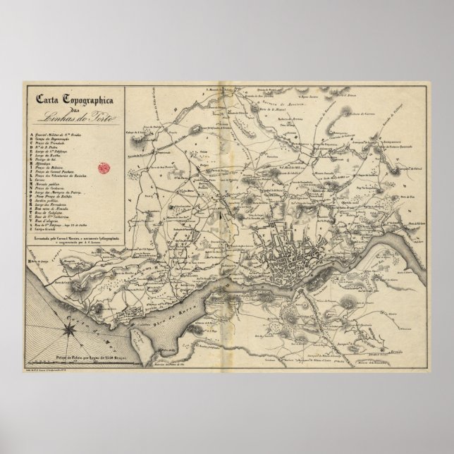 Póster Mapa de época de Porto Portugal (1835) (Frente)