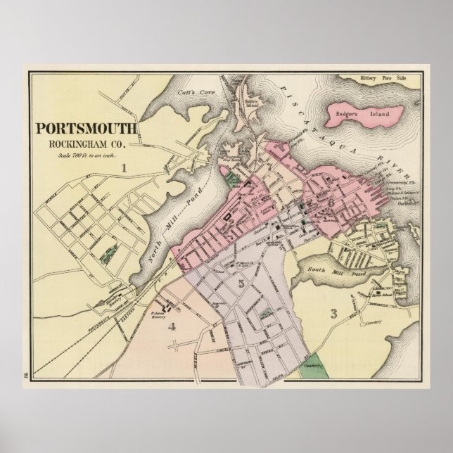 Póster Mapa de época de Portsmouth NH (1877) (Frente)