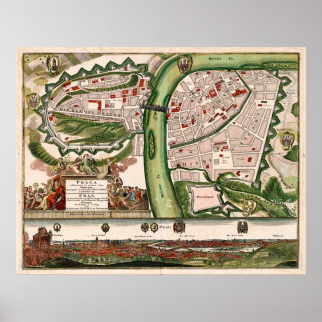 Póster Mapa de época de Praga República Checa (1730) (Frente)