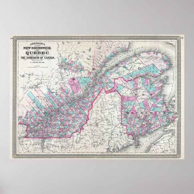 Póster Mapa de época de Quebec y Nueva Brunswick (1870) (Frente)