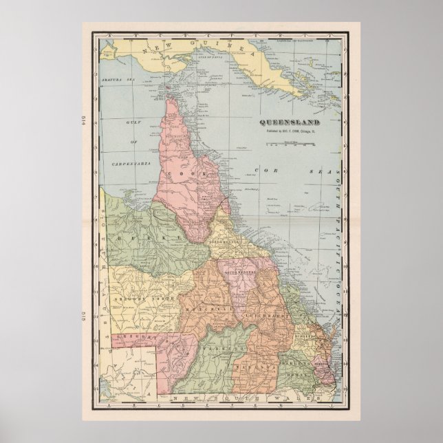 Póster Mapa de época de Queensland Australia (1901) (Frente)