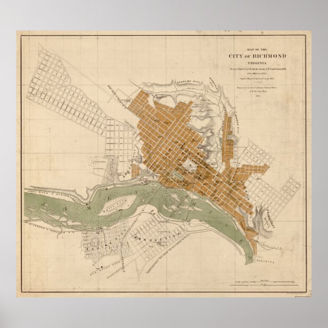 Póster Mapa de época de Richmond VA (1864) (Frente)