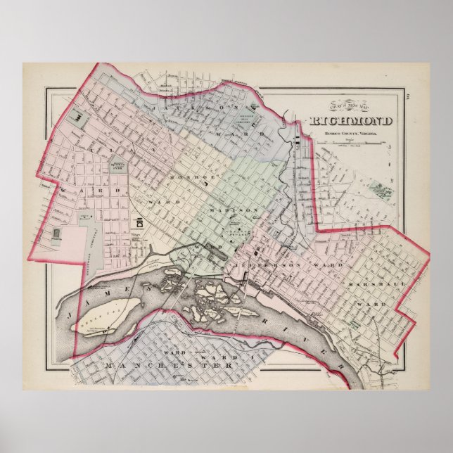 Póster Mapa de época de Richmond Virginia (1884) (Frente)