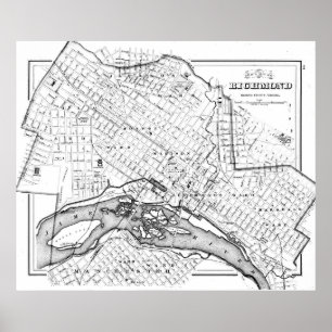 Póster Mapa de época de Richmond Virginia (1884) BW