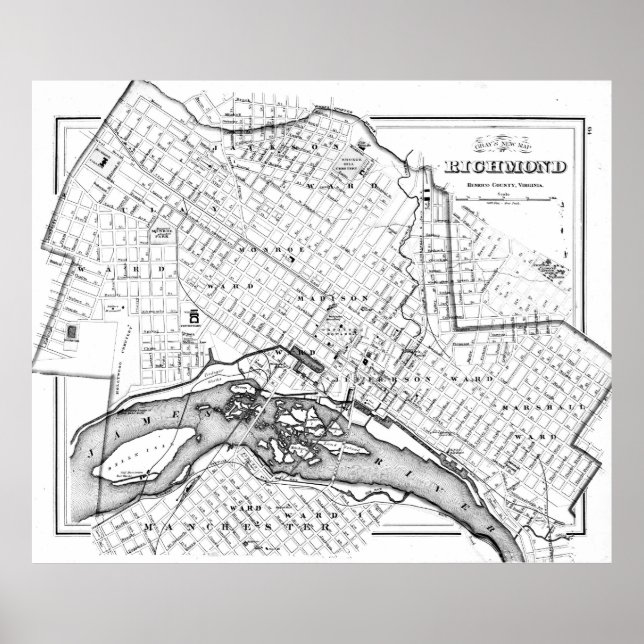 Póster Mapa de época de Richmond Virginia (1884) BW (Frente)