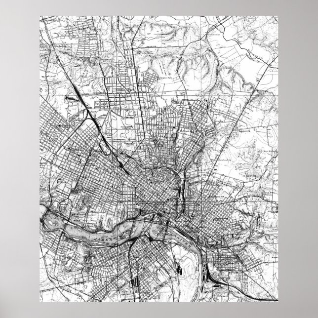Póster Mapa de época de Richmond Virginia (1934) BW (Frente)