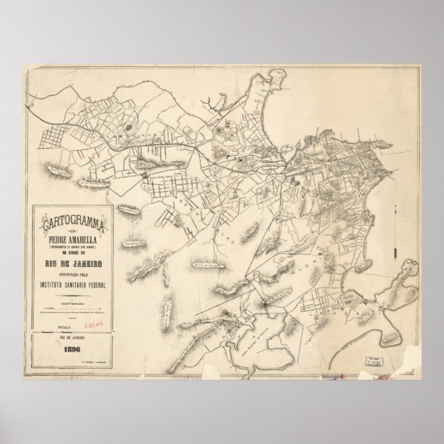 Póster Mapa de época de Río de Janeiro Brasil (1896) (Frente)
