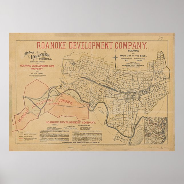 Póster Mapa de época de Roanoke VA (1890) (Frente)